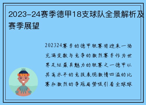 2023-24赛季德甲18支球队全景解析及赛季展望