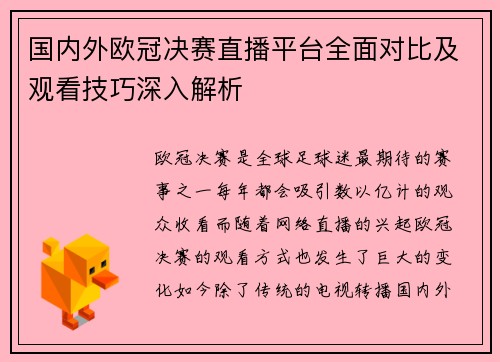 国内外欧冠决赛直播平台全面对比及观看技巧深入解析