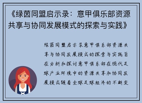 《绿茵同盟启示录：意甲俱乐部资源共享与协同发展模式的探索与实践》