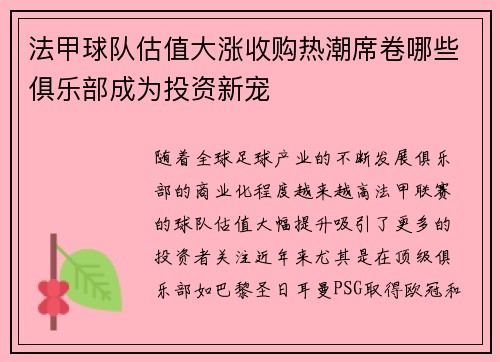 法甲球队估值大涨收购热潮席卷哪些俱乐部成为投资新宠