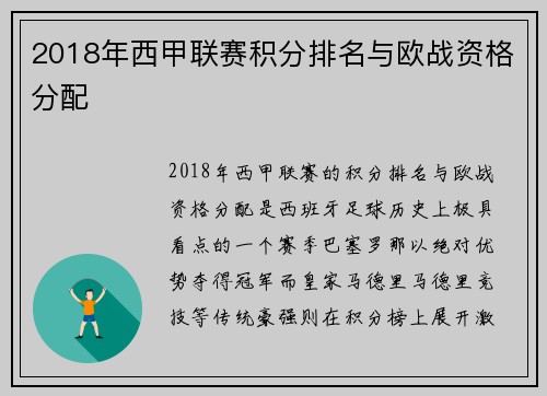 2018年西甲联赛积分排名与欧战资格分配